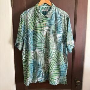 TOMMY BAHAMA | Green and Blue Palm Jungle Print Silk Blend Button down Shirt XL